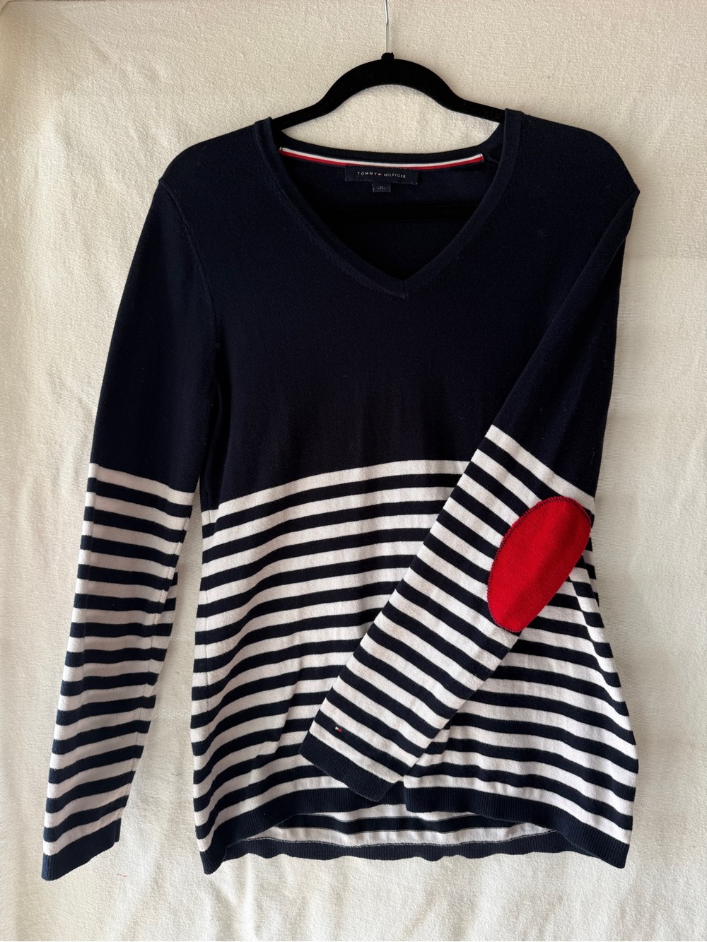 Tommy Hilfiger Navy, White & Red Striped V-Neck Sweater
